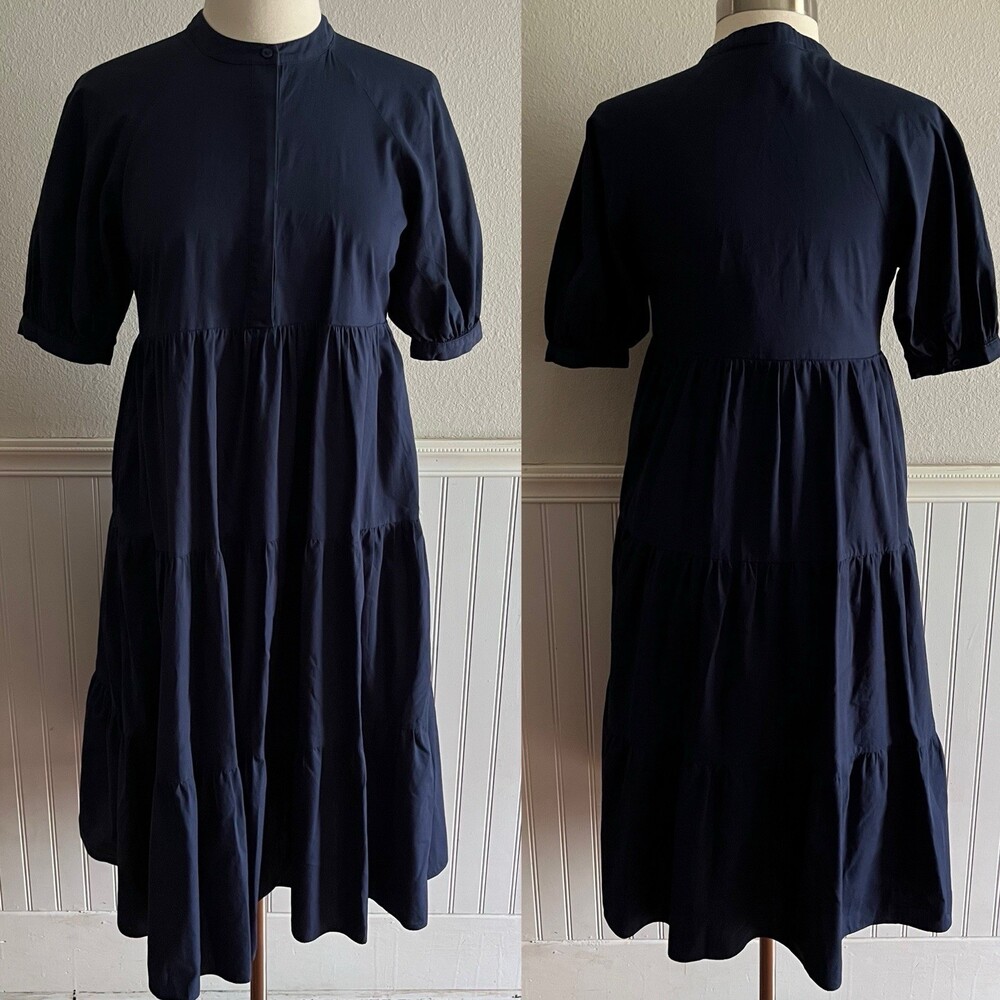 English Factory Short Sleeve Tiered Midi Dress Lined Pockets Classic Navy XS